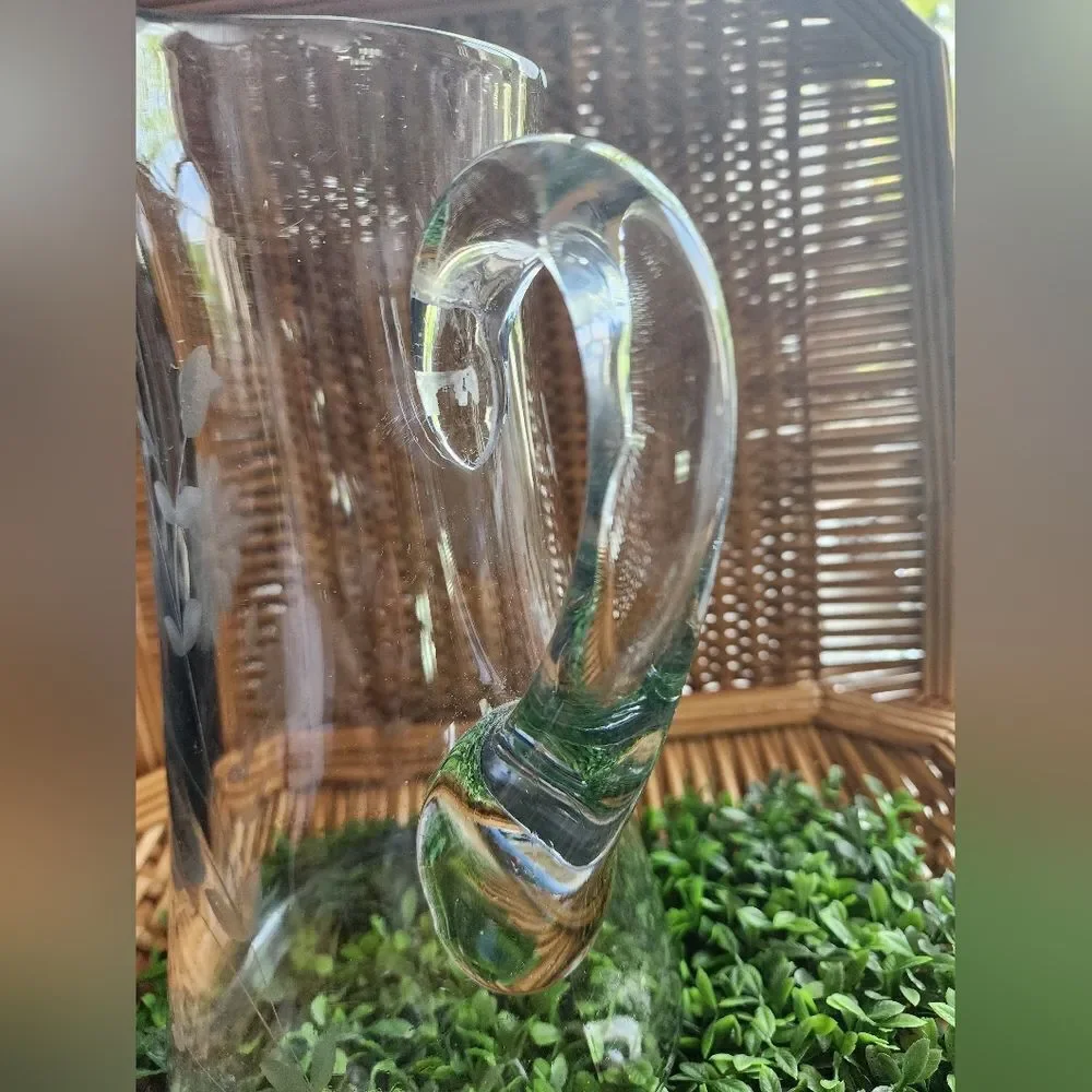 Vintage Etched Floral Pitcher Large